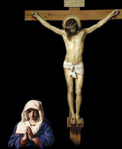 The Virgin Mary stands with her crucified Son